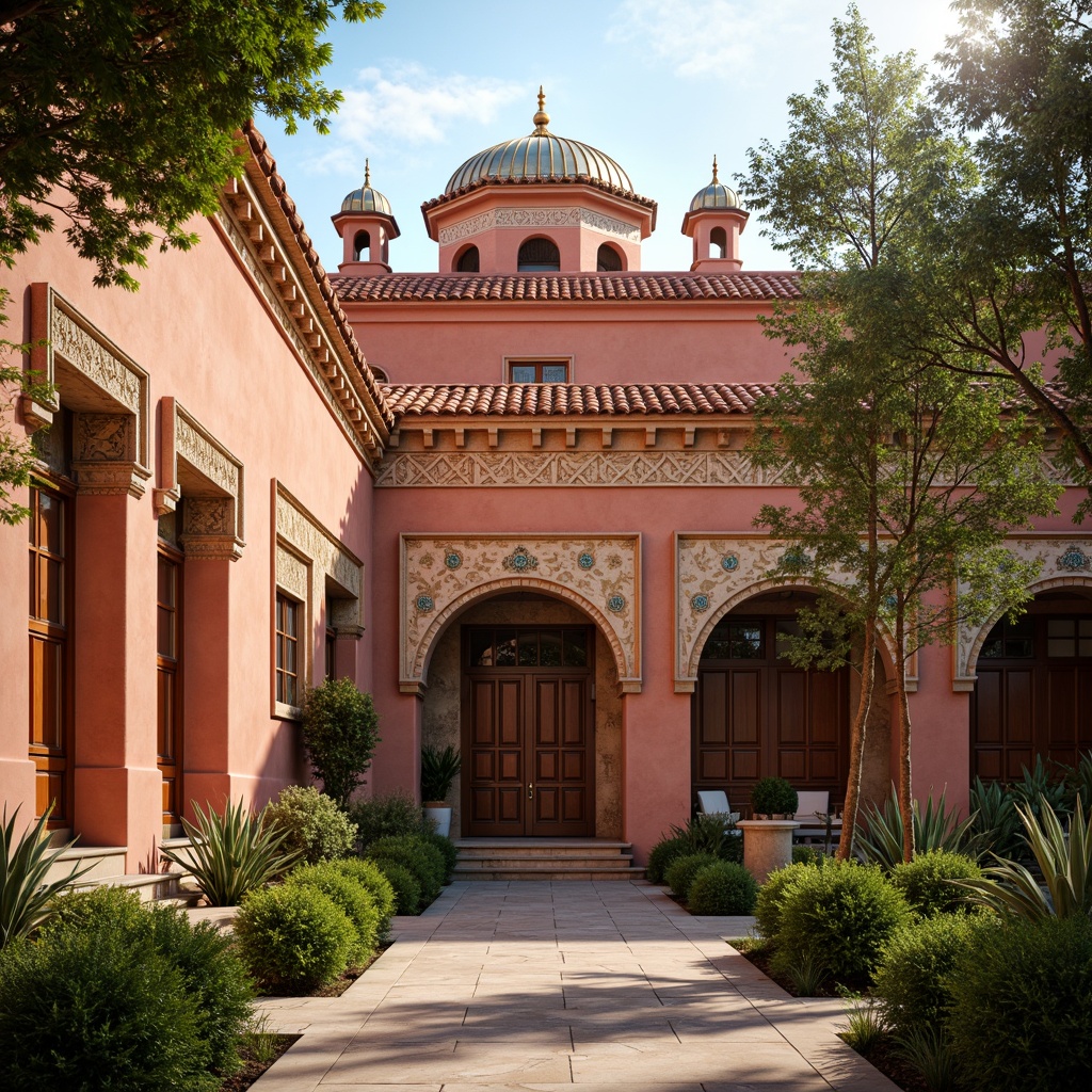 Prompt: Warm terracotta facades, ornate stone carvings, golden domes, intricate mosaics, rich turquoise accents, soft cream archways, rustic wooden doors, vibrant crimson roofs, ornamental ironwork, lush greenery, ancient olive trees, warm afternoon sunlight, soft warm lighting, shallow depth of field, 3/4 composition, realistic textures, ambient occlusion.