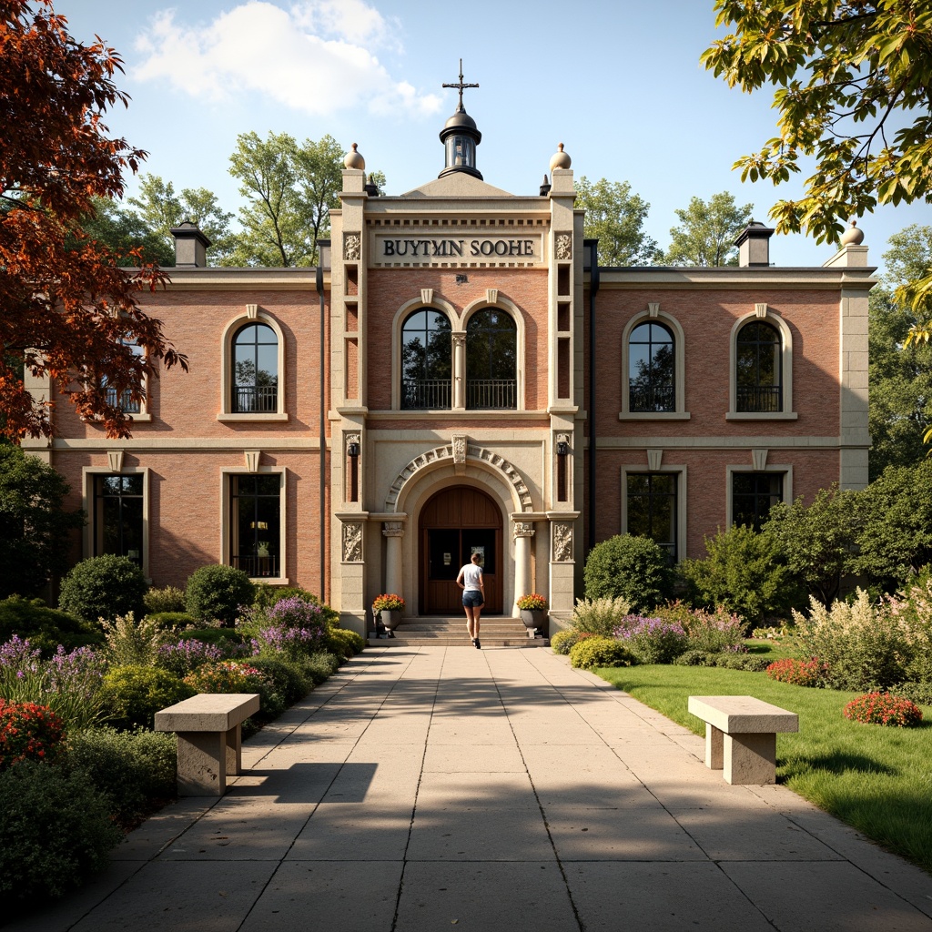 Prompt: Quintessential Romanesque school building, ornate stone carvings, rustic brick facade, grand arched entrance, lush greenery, vibrant flower beds, manicured lawns, meandering walkways, natural stone benches, decorative metal railings, intricate ironwork details, warm sunny day, soft golden lighting, shallow depth of field, 3/4 composition, panoramic view, realistic textures, ambient occlusion.Please let me know if this meets your expectations!