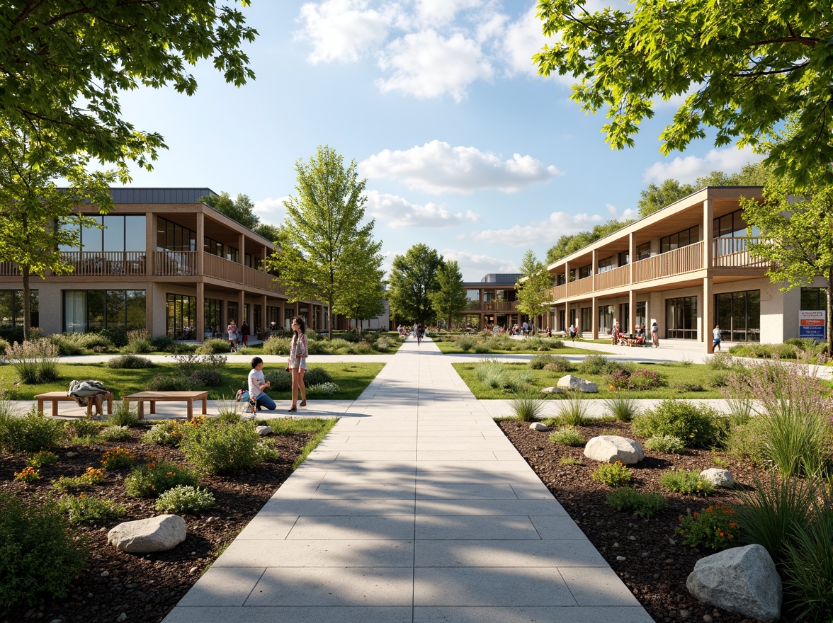 Prompt: Vibrant community center, lush green roofs, blooming flower gardens, natural stone walkways, wooden benches, educational signage, modern architecture, large windows, glass doors, open-air courtyards, water features, walking trails, native plant species, sunny day, soft warm lighting, shallow depth of field, 3/4 composition, panoramic view, realistic textures, ambient occlusion, harmonious landscape integration, eco-friendly materials, sustainable design principles.