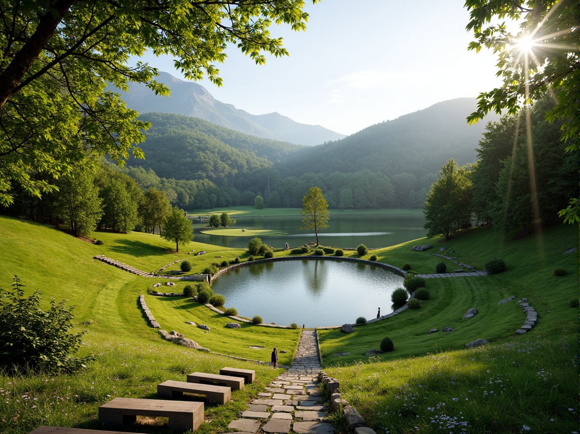 Prompt: Sweeping hills, lush green meadows, serene lake waters, walking trails, amphitheater seating, stone steps, wooden benches, natural stage backdrops, rustling leaves, warm sunny day, soft diffused lighting, 1/2 composition, cinematic view, realistic foliage, ambient occlusion, harmonious color palette, curved lines, organic shapes, blended transitions.