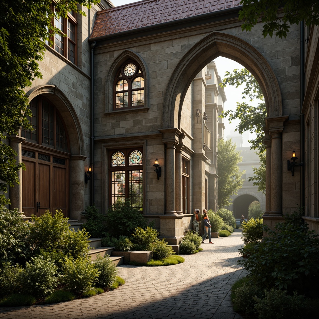 Prompt: Rustic stone walls, ornate carvings, grand archways, ribbed vaults, stained glass windows, intricate mosaics, weathered copper roofs, worn wooden doors, ornamental ironwork, lush greenery, overgrown vines, misty morning light, soft warm glow, shallow depth of field, 1/2 composition, realistic textures, ambient occlusion.