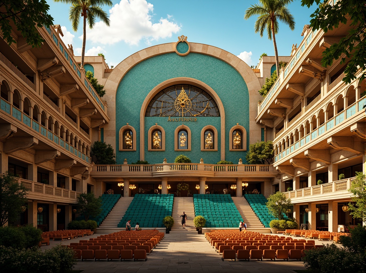 Prompt: Art Deco amphitheater, vibrant turquoise accents, geometric patterns, metallic gold details, ornate facades, grandiose staircases, luxurious velvet seats, rich wood tones, opulent chandeliers, dramatic spotlights, majestic arches, intricate mosaics, lavish ornamentation, tropical palm trees, sun-kissed afternoon, warm golden lighting, shallow depth of field, 2/3 composition, symmetrical framing, realistic reflections, ambient occlusion.