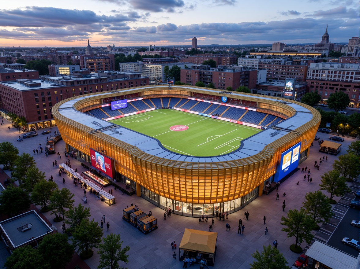 Prompt: Vibrant soccer stadium, urban landscape, bustling streets, diverse community, cultural integration, inclusive facilities, accessible seating, social gathering spaces, public art installations, street food vendors, lively atmosphere, warm evening lighting, shallow depth of field, 2/3 composition, wide-angle lens, realistic textures, ambient occlusion, modern architecture, sleek lines, bold color schemes, dynamic LED displays.