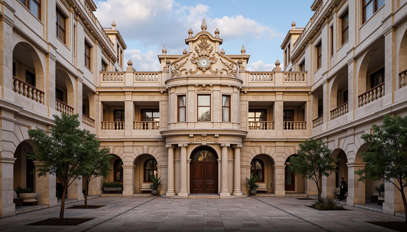 Prompt: Elegant academic building facade, symmetrical composition, ornate stone carvings, arched windows, classical columns, intricately designed balustrades, subtle rustication, weathered brick walls, decorative pediments, grand entranceways, imposing clock towers, soft warm lighting, shallow depth of field, 1/1 composition, realistic textures, ambient occlusion.