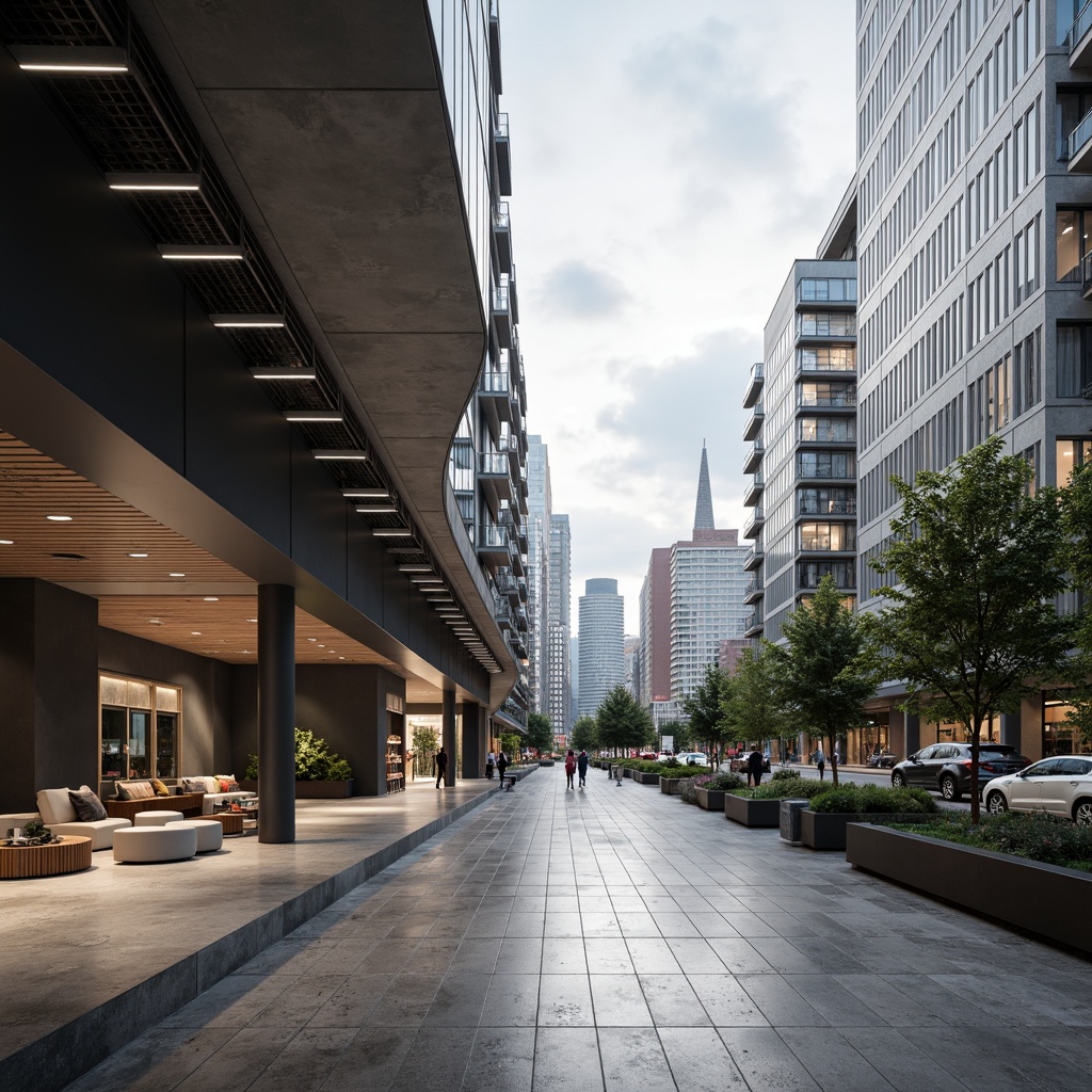 Prompt: Sleek modern buildings, curved lines, metallic surfaces, reflective glass facades, polished concrete floors, minimalist decor, industrial chic accents, reclaimed wood textures, exposed ductwork, urban cityscape, cloudy grey skies, soft diffused lighting, shallow depth of field, 2/3 composition, cinematic view, realistic reflections, ambient occlusion.