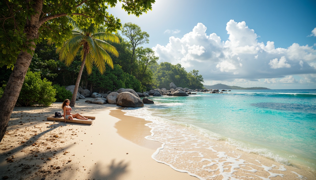 Prompt: Warm sandy beach, crystal-clear turquoise water, gentle ocean waves, seashells, driftwood, weathered wooden piers, sun-kissed skin tones, vibrant coral reefs, tropical palm trees, lush green foliage, soft creamy whites, calming blues, refreshing greens, sunny skies, warm golden lighting, shallow depth of field, 1/2 composition, realistic textures, ambient occlusion.