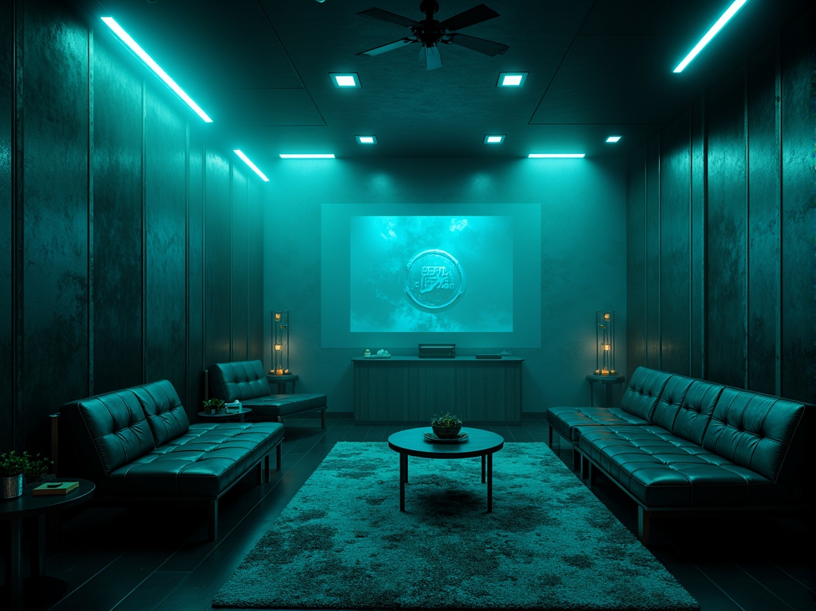 Prompt: Moody dark cyan walls, mysterious ambiance, futuristic neon lights, metallic accents, high-tech gadgets, sleek modern furniture, minimalist decor, abstract digital art, atmospheric mist, dramatic shadows, cinematic lighting, 1/1 composition, shallow depth of field, realistic reflections, ambient occlusion.