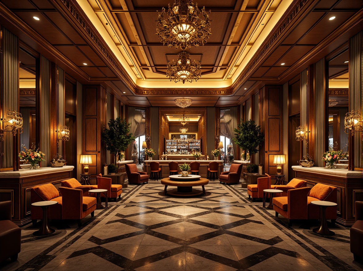 Prompt: Luxurious bar interior, ornate metalwork, geometric patterns, opulent furnishings, rich wood tones, velvet drapes, sparkling chandeliers, polished marble countertops, chrome accents, curved lines, symmetrical composition, dramatic lighting, warm golden hues, lavish decorations, intricate moldings, Art Deco motifs, glamorous atmosphere, luxurious textiles, metallic sheen, high-contrast rendering, detailed ornaments.