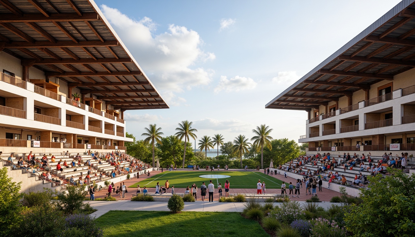 Prompt: Regional soccer stadium, earthy tones, natural stone fa\u00e7ade, wooden accents, corrugated metal roofs, rustic steel beams, vibrant team colors, cheering crowd, lush greenery, tropical plants, warm sunny day, soft diffused lighting, 3/4 composition, panoramic view, realistic textures, ambient occlusion, local artisanal craftsmanship, hand-laid brickwork, reclaimed wood benches, textured concrete walls, regional cultural patterns, traditional architectural motifs.