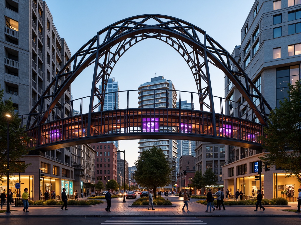 Prompt: Elegant pedestrian bridge, curved steel arches, suspended walkways, ornate metal railings, intricate latticework, vibrant LED lighting, urban cityscape, bustling streets, modern skyscrapers, glass towers, concrete pillars, natural stone pavers, stainless steel handrails, futuristic architecture, dynamic shapes, 3D modeling, realistic reflections, shallow depth of field, 1/2 composition, warm golden hour lighting.