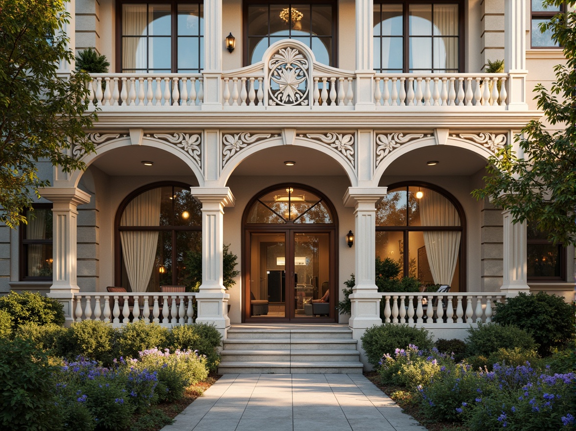 Prompt: Whimsical clinic facade, ornate Victorian details, soft pastel colors, delicate filigree patterns, grand entrance archways, elegant columns, intricate stonework, lush greenery, blooming flowers, natural stone walls, stained glass windows, warm golden lighting, shallow depth of field, 1/2 composition, romantic atmosphere, realistic textures, ambient occlusion.