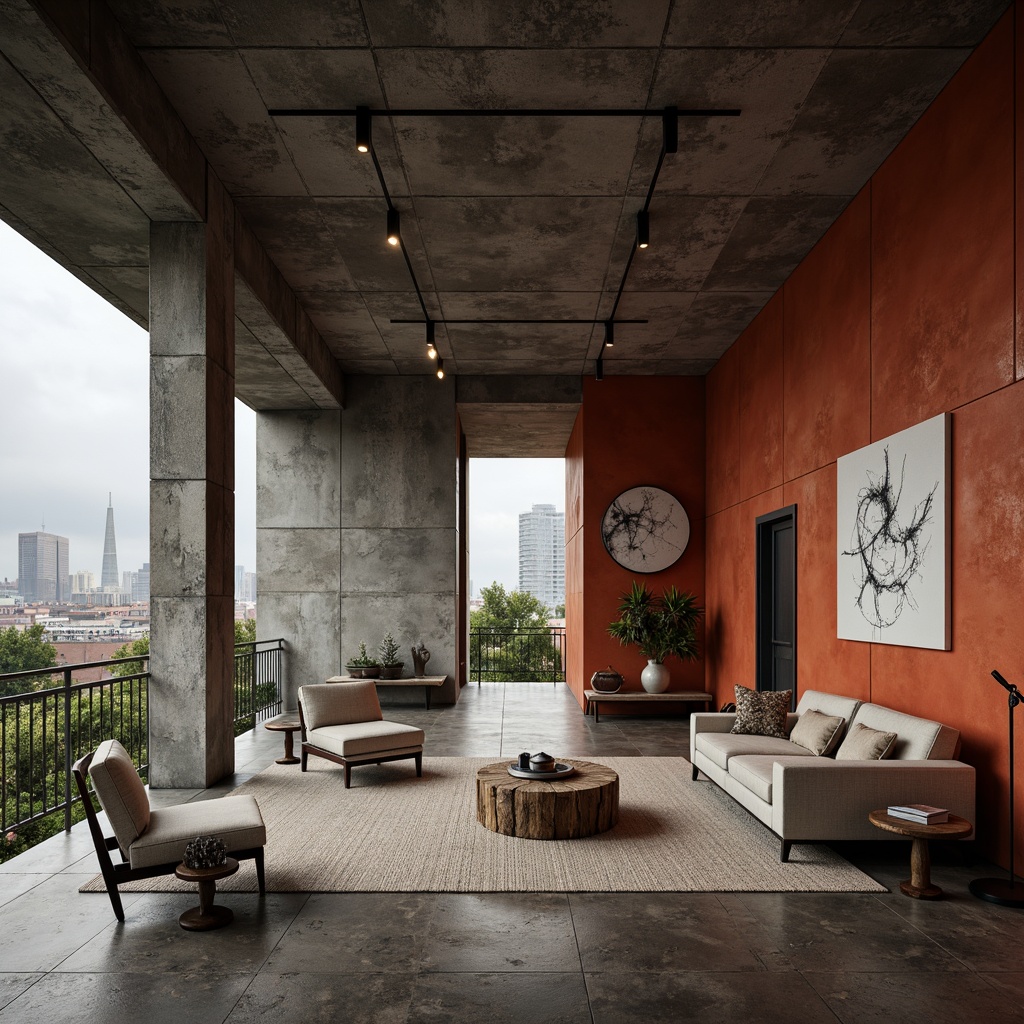 Prompt: Rugged brutalist architecture, persimmon-hued concrete walls, industrial metal beams, exposed ductwork, rough-textured stone floors, minimalist decorative elements, dramatic natural light, high ceilings, functional interior spaces, bold geometric shapes, abstract art pieces, distressed wood accents, urban cityscape views, overcast skies, moody atmospheric lighting, 1/2 composition, shallow depth of field, cinematic rendering.