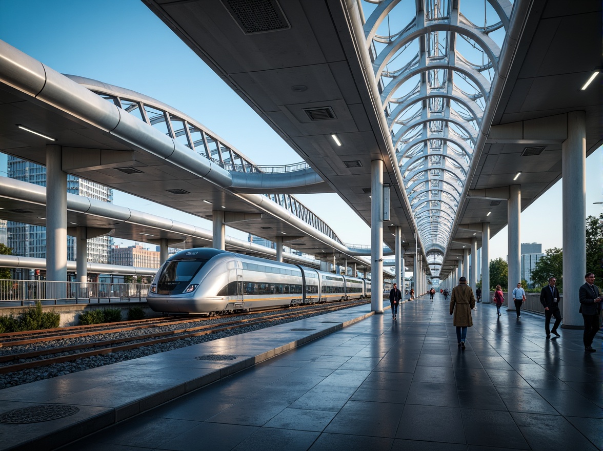 Prompt: Sleek transportation hubs, curved streamline architecture, modern metallic materials, polished chrome accents, futuristic LED lighting, dynamic fluid shapes, aerodynamic lines, high-speed rail networks, bustling urban centers, morning rush hour atmosphere, soft natural light, shallow depth of field, 1/2 composition, panoramic view, realistic reflections, ambient occlusion.