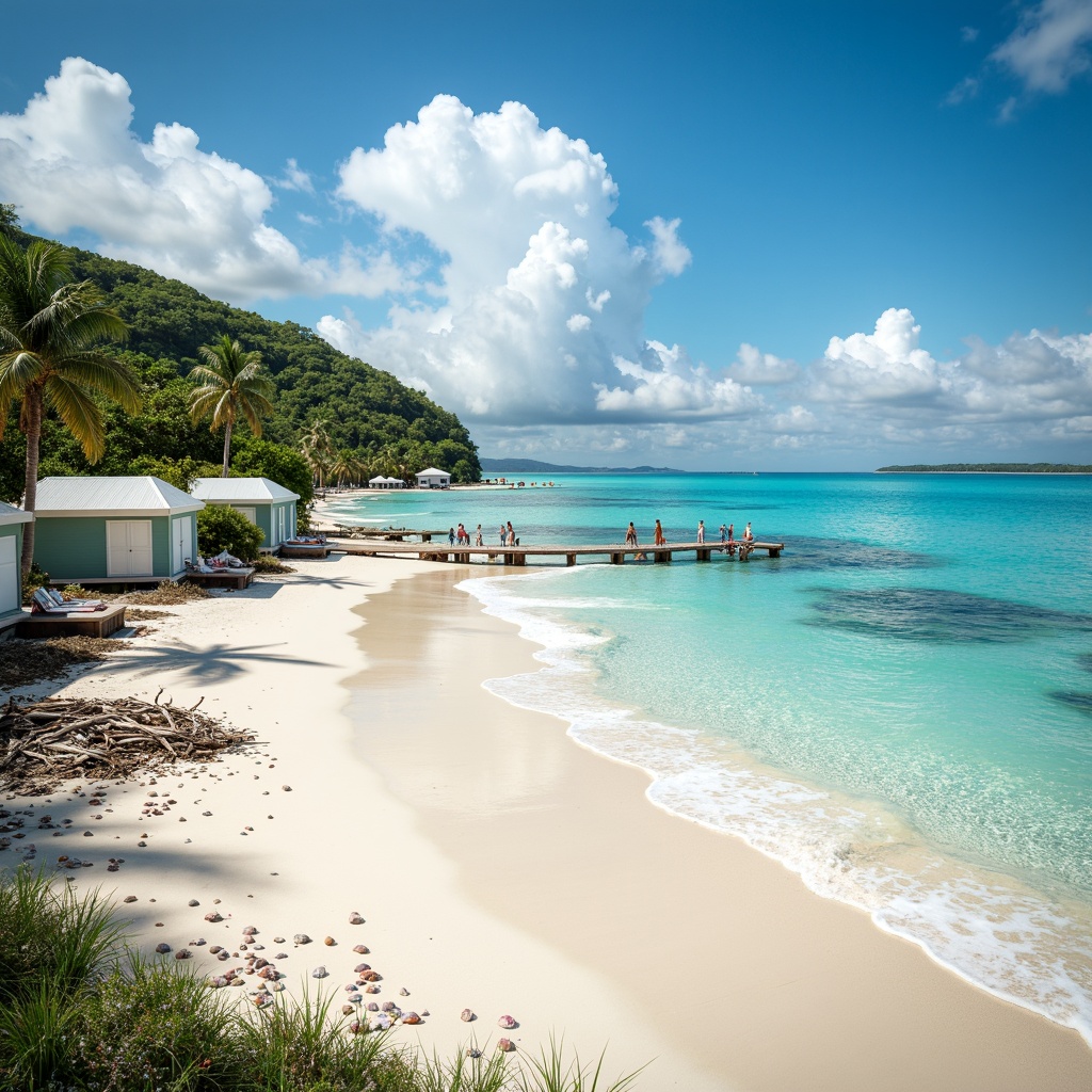 Prompt: Calming beach scenery, soft sandy shores, crystal-clear turquoise water, gentle ocean waves, seashells, driftwood, warm sunny day, pastel-colored beach huts, vibrant coral reefs, tropical palm trees, natural textures, weathered wooden piers, serene atmosphere, shallow depth of field, 1/2 composition, realistic rendering, subtle color grading.