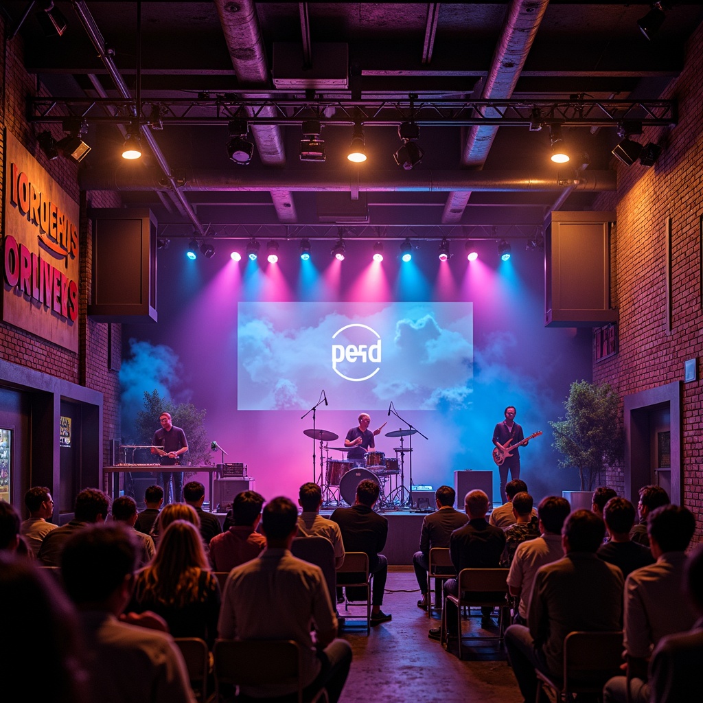 Prompt: Vibrant music venue, neon-lit stage, electric guitar, drum set, soundboards, colorful spotlights, dimly lit audience, urban nightlife, industrial architecture, exposed brick walls, metallic accents, rich wood tones, bold typography, eclectic artwork, dynamic lighting effects, warm atmospheric glow, shallow depth of field, 1/2 composition, cinematic mood, stylized textures, ambient occlusion.