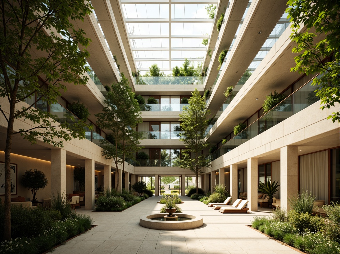 Prompt: Vibrant atrium, lush greenery, natural stone walls, large skylights, floor-to-ceiling windows, open interior spaces, reflective surfaces, minimalist decor, warm beige tones, soft diffused lighting, indirect sunlight, 3/4 composition, panoramic view, realistic textures, ambient occlusion, modern sustainable architecture, eco-friendly materials, energy-efficient systems, innovative shading devices, clerestory windows, solar tubes, bright airy atmosphere, serene ambiance.