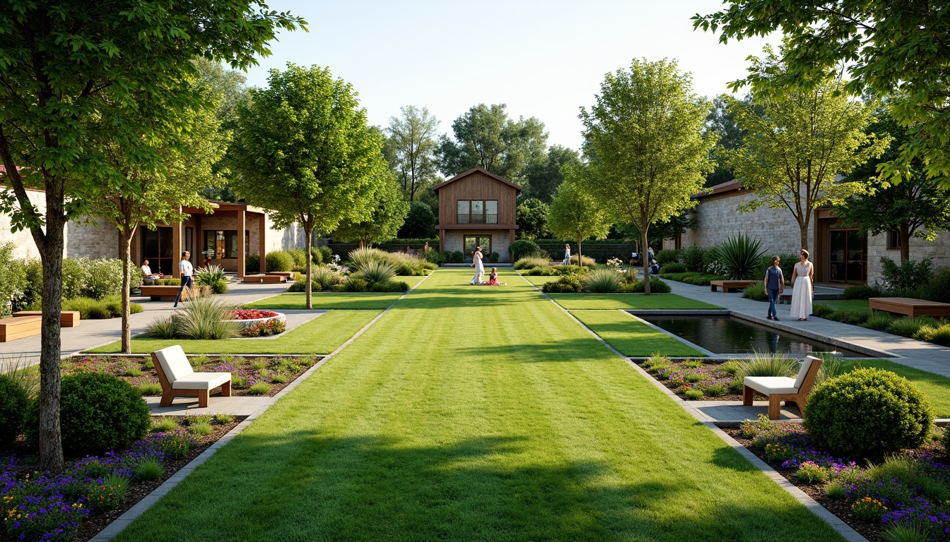 Prompt: Lush green lawn, vibrant flowerbeds, ornamental trees, meandering pathways, rustic stone walls, wooden fences, serene water features, tranquil ponds, colorful garden benches, natural rock formations, blooming shrubs, sunny day, soft warm lighting, shallow depth of field, 3/4 composition, panoramic view, realistic textures, ambient occlusion.