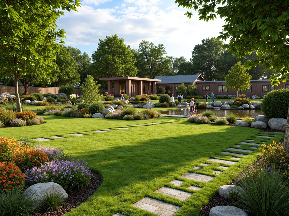 Prompt: Lush green lawn, vibrant flowerbeds, ornamental trees, meandering pathways, rustic stone walls, wooden fences, serene water features, tranquil ponds, colorful garden benches, natural rock formations, blooming shrubs, sunny day, soft warm lighting, shallow depth of field, 3/4 composition, panoramic view, realistic textures, ambient occlusion.