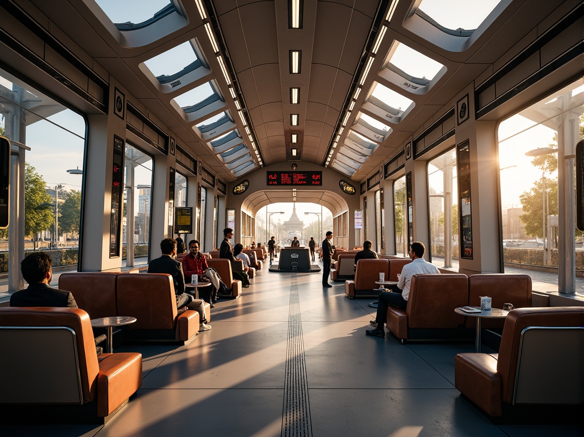 Prompt: Vibrant train station, streamline moderne architecture, curved lines, stainless steel accents, polished chrome details, rich wood tones, luxurious leather seats, sophisticated lighting fixtures, futuristic LED displays, sleek glass roofs, urban cityscape, bustling streets, morning rush hour, warm golden lighting, shallow depth of field, 1/2 composition, symmetrical framing, realistic metallic textures, ambient occlusion.