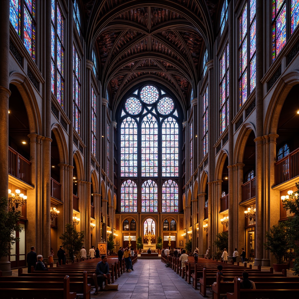 Prompt: Vibrant stained glass windows, kaleidoscope colors, intricate patterns, ornate details, grandiose cathedrals, majestic churches, medieval architecture, Gothic Revival style, ornamental tracery, luminescent light effects, warm ambient glow, rich textures, historic landmarks, sacred spaces, spiritual ambiance, dramatic interior vistas, symmetrical compositions, 1/1 aspect ratio, softbox lighting, subtle shadows, realistic reflections.