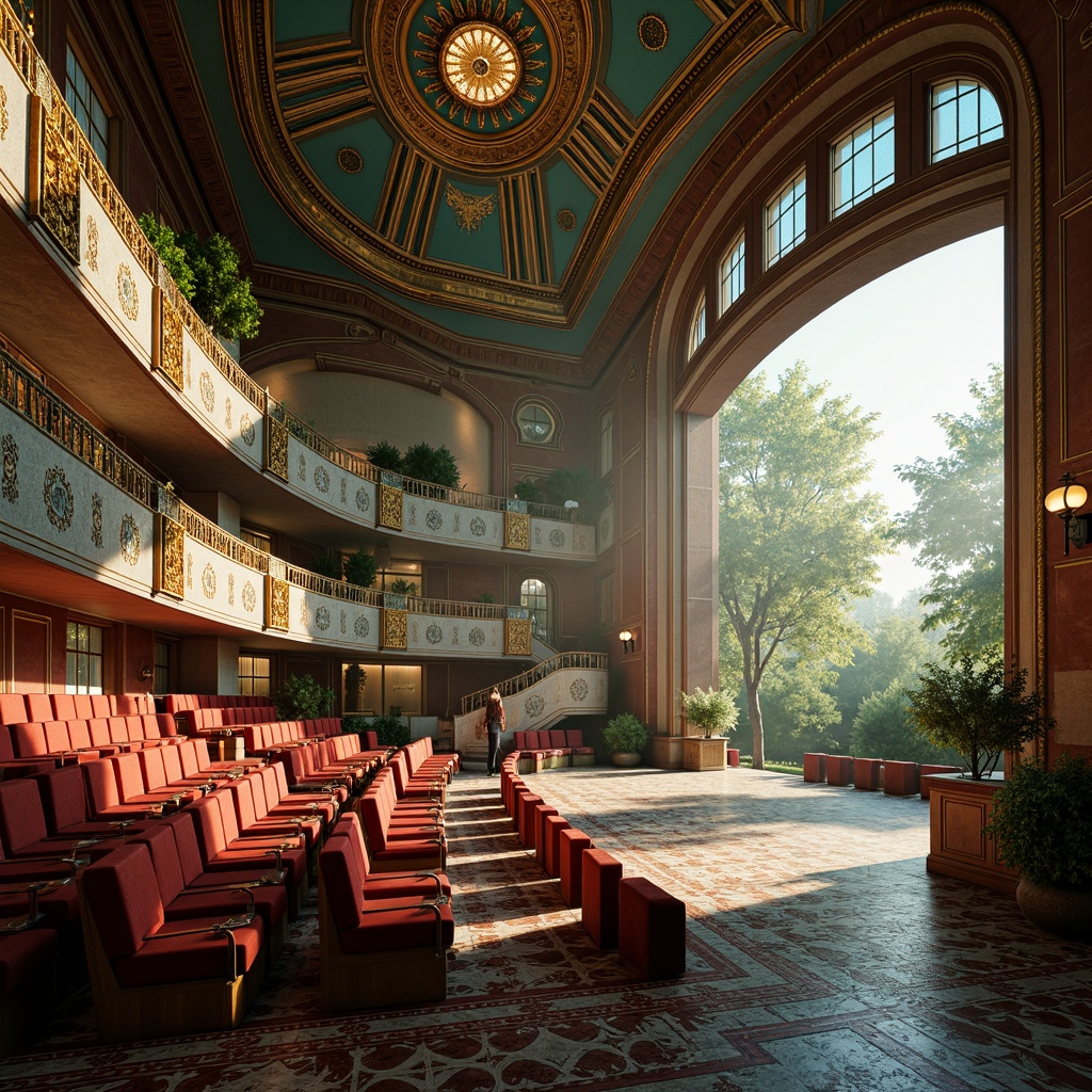 Prompt: Luxurious amphitheater, ornate Art Deco details, vibrant turquoise accents, golden metallic trim, geometric patterns, lavish red velvet seats, intricate mosaic flooring, grandiose staircases, sweeping archways, opulent chandeliers, sun-kissed afternoon light, warm soft focus, 1/1 composition, low-angle shot, dramatic shadows, realistic reflections, ambient occlusion.