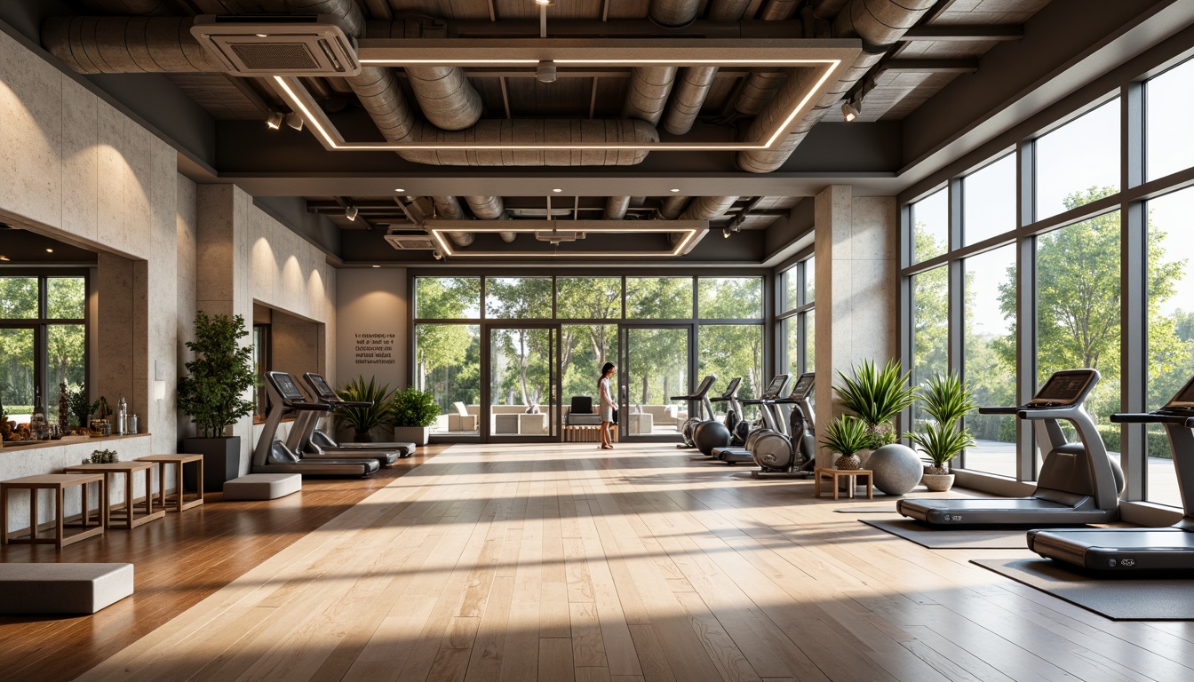 Prompt: Modern fitness club interior, natural stone walls, polished wooden floors, mirrored exercise areas, state-of-the-art gym equipment, free weights section, cardio machines zone, yoga mats, meditation rooms, floor-to-ceiling windows, abundance of natural light, bright airy atmosphere, minimal decorative elements, sleek metal accents, industrial-style lighting fixtures, high ceilings, spacious open layout, functional zones, calm color palette, motivational quotes on walls, refreshing greenery, water features, sound-absorbing materials, soft warm lighting, shallow depth of field, 3/4 composition, realistic textures, ambient occlusion.