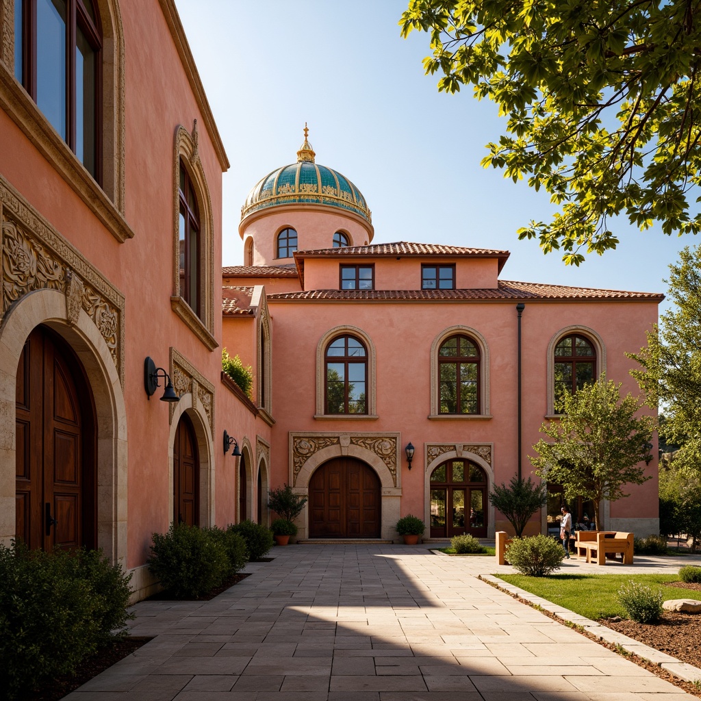 Prompt: Warm terracotta facades, ornate stone carvings, golden domes, intricate mosaics, rich turquoise accents, soft cream archways, rustic wooden doors, vibrant crimson roofs, ornamental ironwork, lush greenery, ancient olive trees, warm afternoon sunlight, soft warm lighting, shallow depth of field, 3/4 composition, realistic textures, ambient occlusion.