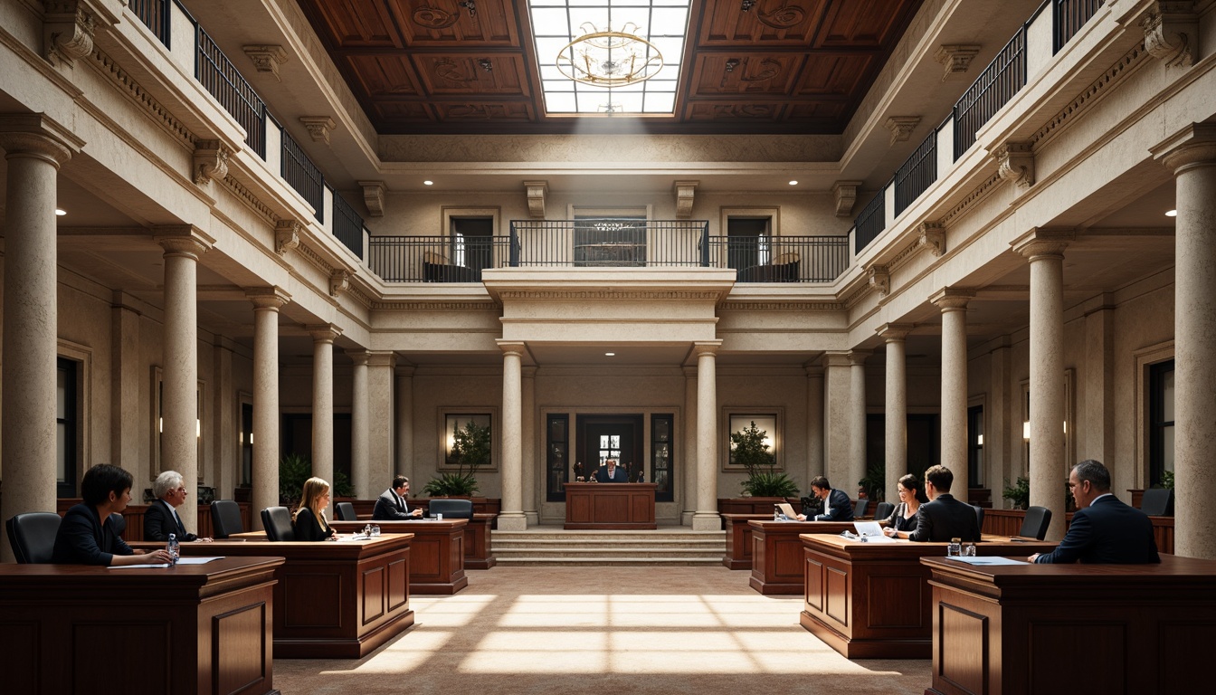 Prompt: Majestic courthouse building, neoclassical architecture, granite walls, ornate columns, grand staircases, rich wood accents, solemn atmosphere, natural light pouring in, vaulted ceilings, elegant chandeliers, formal courtrooms, dignified judges' benches, solemn lawyer's tables, historic significance, traditional color scheme, muted earth tones, warm beige, deep blues, rich reds, gold accents, subtle textures, realistic renderings, 1/1 composition, soft box lighting, cinematic depth of field.