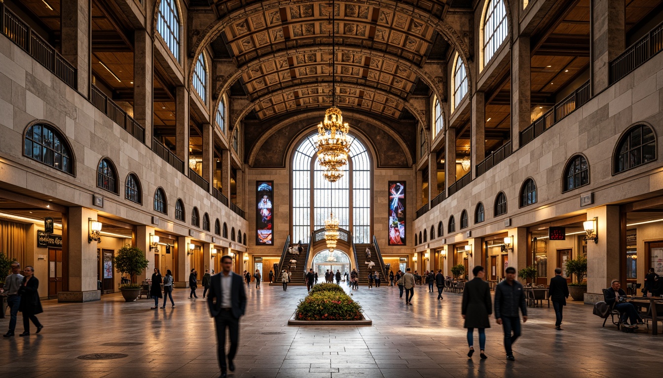 Prompt: Grand bus terminal, intricately patterned ceilings, ornate ironwork, lavish chandeliers, polished marble floors, intricate tile mosaics, curved staircases, elegant archways, stately columns, vibrant stained glass windows, natural stone walls, modern LED lighting, bustling urban atmosphere, warm golden hour, shallow depth of field, 1/2 composition, symmetrical framing, realistic reflections, ambient occlusion.