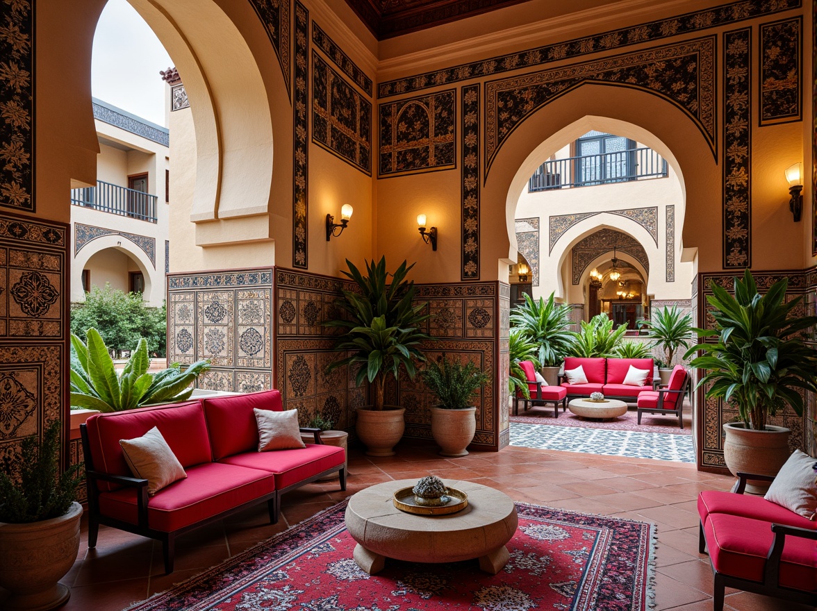 Prompt: Vibrant Moroccan-inspired riad, intricately tiled walls, bold geometric shapes, colorful zellij patterns, ornate archways, lavish furnishings, plush textiles, rich velvet fabrics, golden accents, warm ambient lighting, shallow depth of field, 1/2 composition, realistic textures, ambient occlusion.