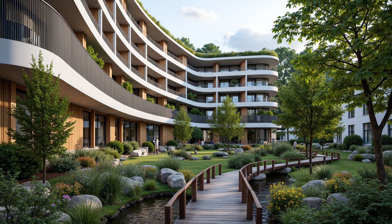 Prompt: Curved building facade, sleek metal lines, minimalist modern architecture, integrated green roofs, lush vegetation, natural stone walls, wooden accents, floor-to-ceiling windows, panoramic views, serene water features, gentle streams, rustic wooden bridges, vibrant colorful flowers, ambient soft lighting, shallow depth of field, 3/4 composition, realistic textures, subtle atmospheric effects.