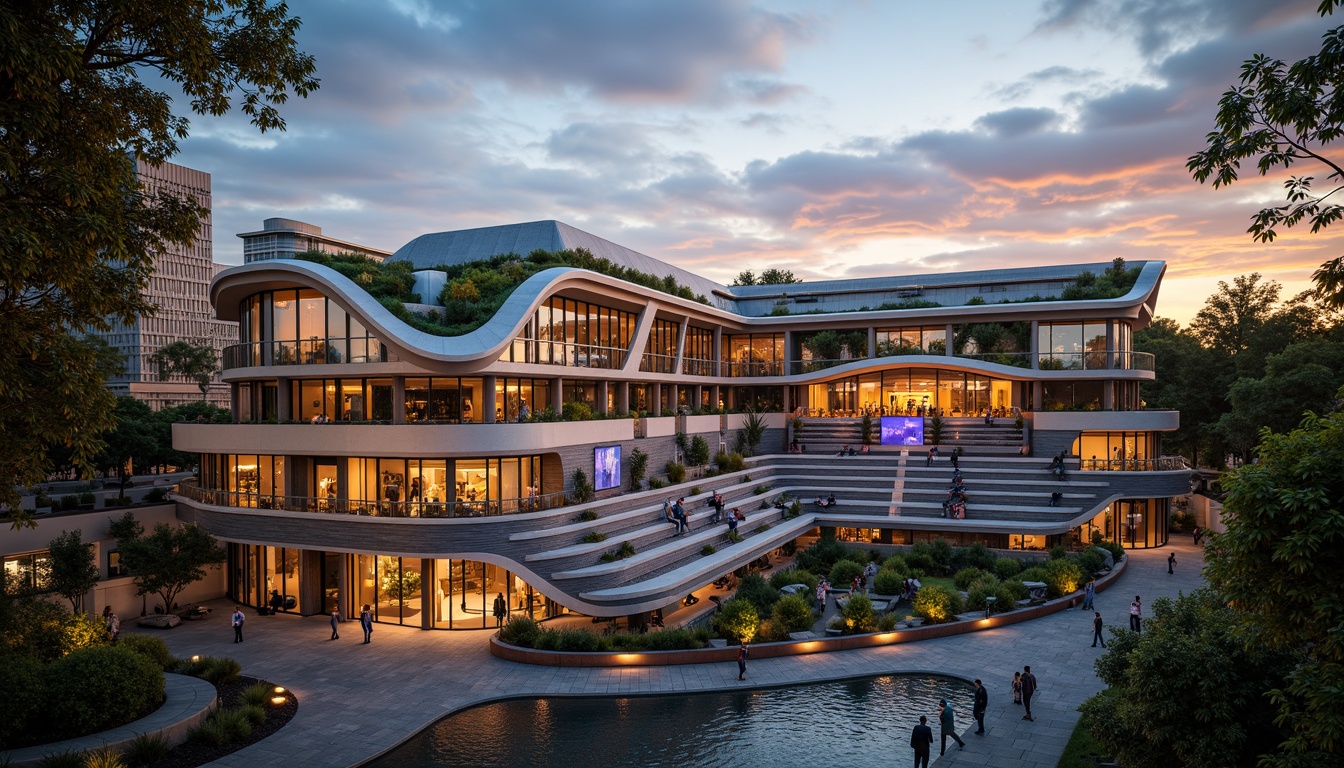 Prompt: Vibrant cultural hub, performing arts center, sleek modern architecture, curved lines, transparent glass fa\u00e7ade, lush green roofs, outdoor amphitheater, tiered seating, stage lighting, warm sunset, dramatic shadows, shallow depth of field, 3/4 composition, panoramic view, natural stone pathways, decorative water features, vibrant street art, eclectic sculptures, bustling urban atmosphere, evening ambiance, soft warm lighting.