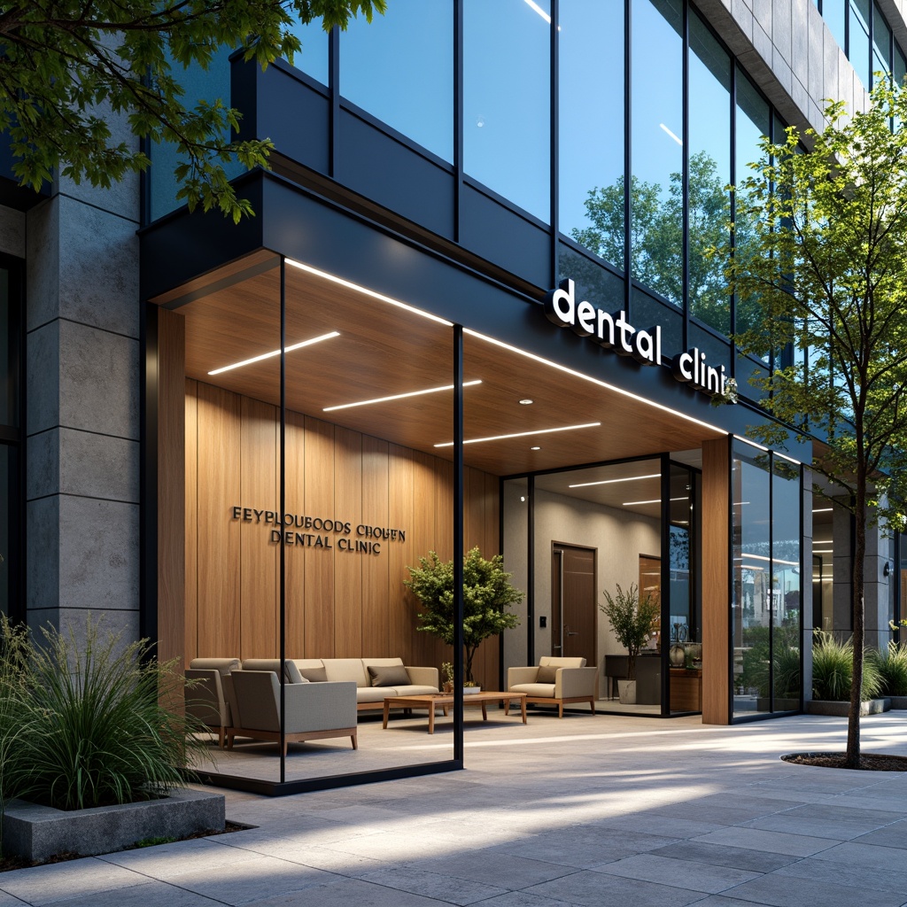 Prompt: Modern dental clinic, sleek glass facade, minimalist entrance, stainless steel frames, LED signage, calming blue accents, natural stone walls, wooden interior design, comfortable waiting area, ergonomic chairs, green plants, soft warm lighting, shallow depth of field, 3/4 composition, realistic textures, ambient occlusion, urban cityscape, morning sunlight, subtle shadows.