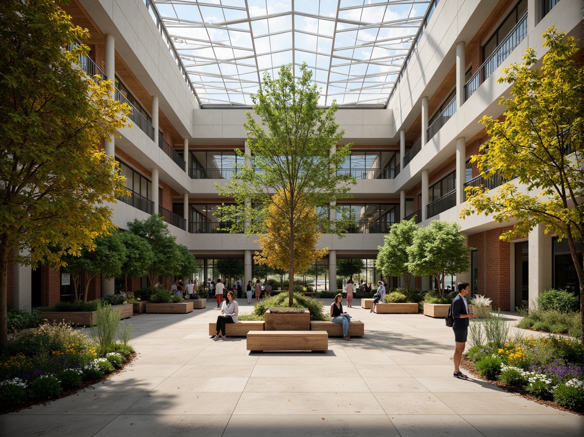 Prompt: Spacious academic courtyard, lush greenery, natural stone flooring, wooden benches, educational signage, floor-to-ceiling windows, clerestory roofs, skylights, open atriums, minimal obstruction, soft warm lighting, shallow depth of field, 3/4 composition, panoramic view, realistic textures, ambient occlusion, earthy tone color palette, organic shapes, harmonious blend of modern and traditional architecture.