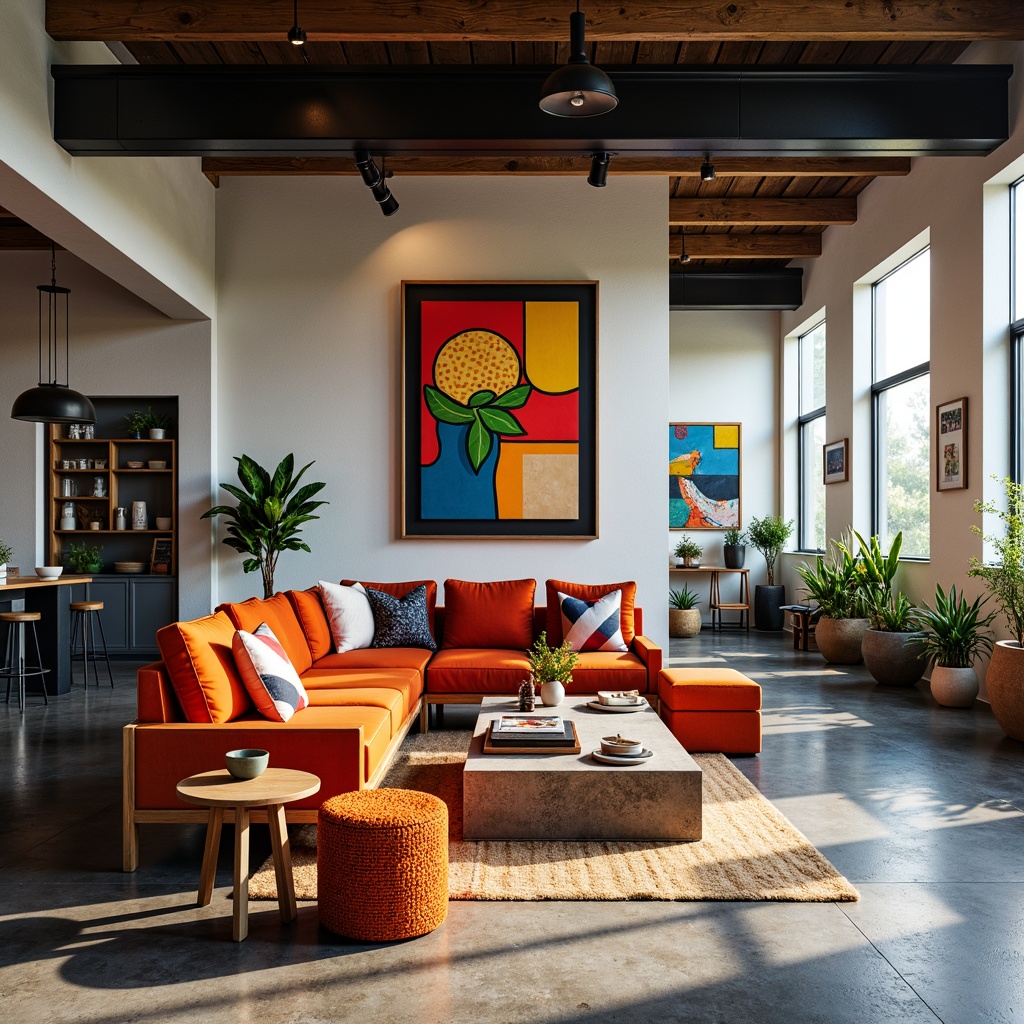 Prompt: Vibrant design studio, modern artistic space, eclectic furniture pieces, bold color accents, abstract artwork, industrial metal beams, polished concrete floors, natural light pouring in, warm cozy atmosphere, softbox lighting, 3/4 composition, shallow depth of field, realistic textures, ambient occlusion.