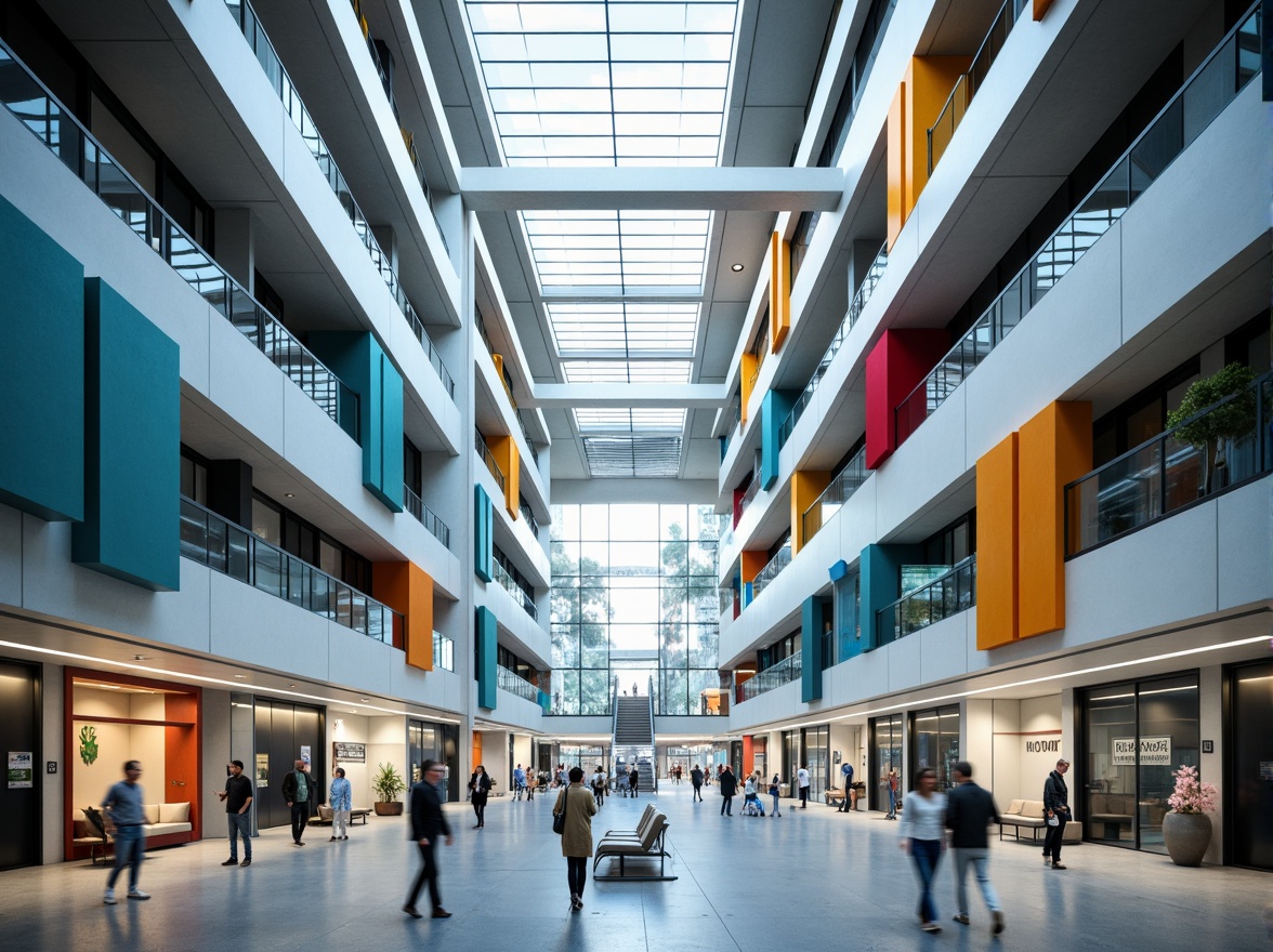 Prompt: Modern hospital building, constructivist architecture style, bold geometric shapes, metallic cladding, angular lines, vibrant color accents, large windows, natural light, airy atriums, open spaces, minimalist interior design, functional layout, efficient circulation paths, sanitized surfaces, advanced medical equipment, futuristic ambiance, softbox lighting, shallow depth of field, 3/4 composition, realistic textures, ambient occlusion.