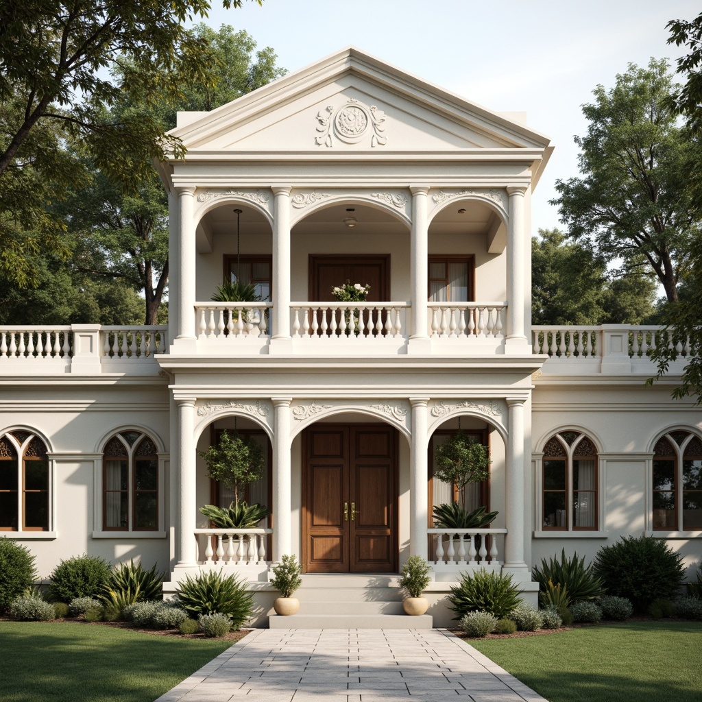 Prompt: Ivory-toned facade, classical columns, ornate details, symmetrical composition, grand entrance, wooden doors, bronze hardware, stone carvings, Gothic-inspired arches, stained glass windows, rusticated base, ashlar walls, formal courtyard, manicured lawn, mature trees, tranquil atmosphere, soft natural lighting, 1/1 composition, shallow depth of field, realistic textures.