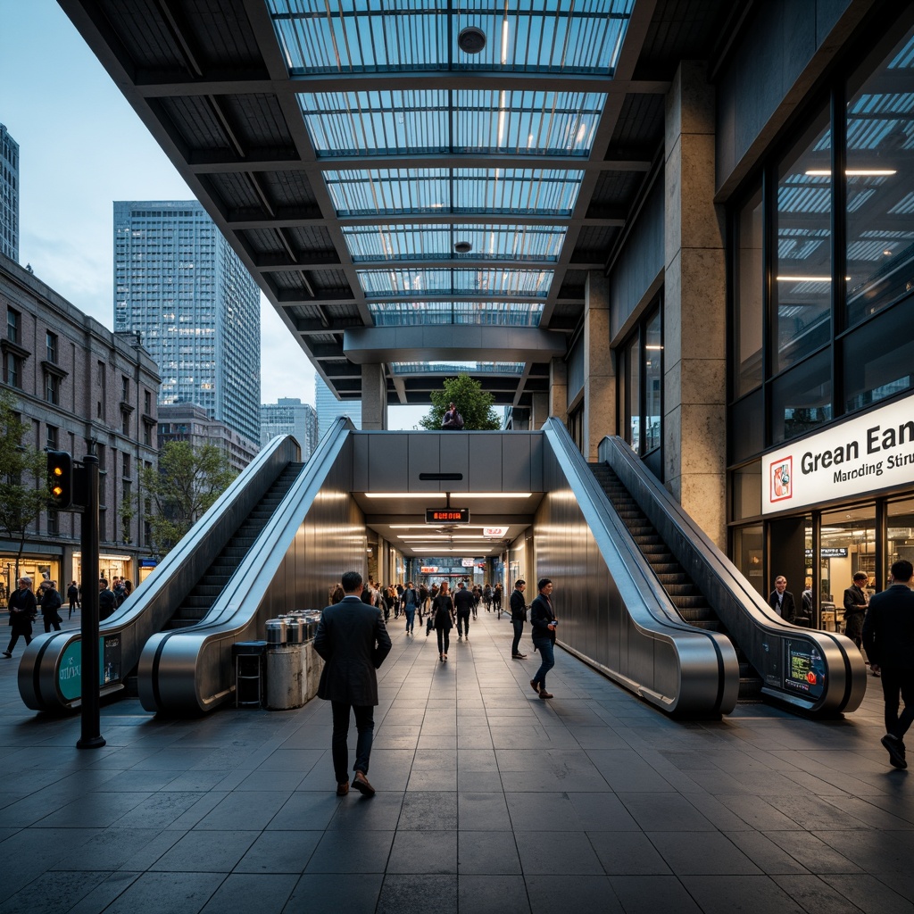 Prompt: Modern metro station architecture, sleek metallic fa\u00e7ade, large glass windows, LED light installations, urban cityscape, busy streets, rush hour atmosphere, durable concrete floors, stainless steel handrails, minimalist signage, energy-efficient lighting systems, sustainable building materials, recycled plastic panels, natural stone walls, industrial-style ceilings, futuristic escalators, dynamic pedestrian flow, 1/1 composition, low-angle shot, moody dramatic lighting, realistic reflections.