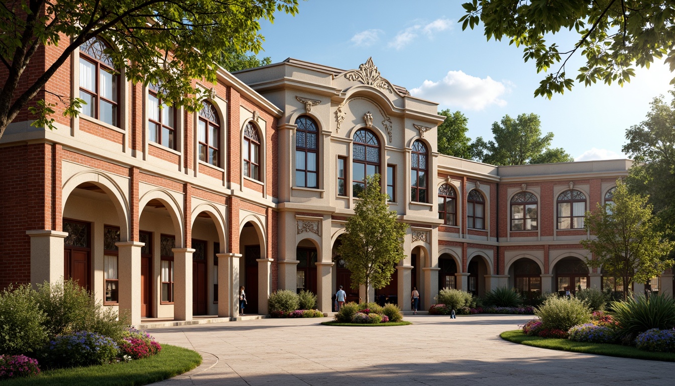 Prompt: Elegant school building, Romanesque arches, ornate carvings, intricate stone patterns, vibrant stained glass windows, grand entranceways, decorative columns, ornamental doorways, rustic brick fa\u00e7ade, lush greenery, blooming flowers, sunny day, soft warm lighting, shallow depth of field, 3/4 composition, panoramic view, realistic textures, ambient occlusion.