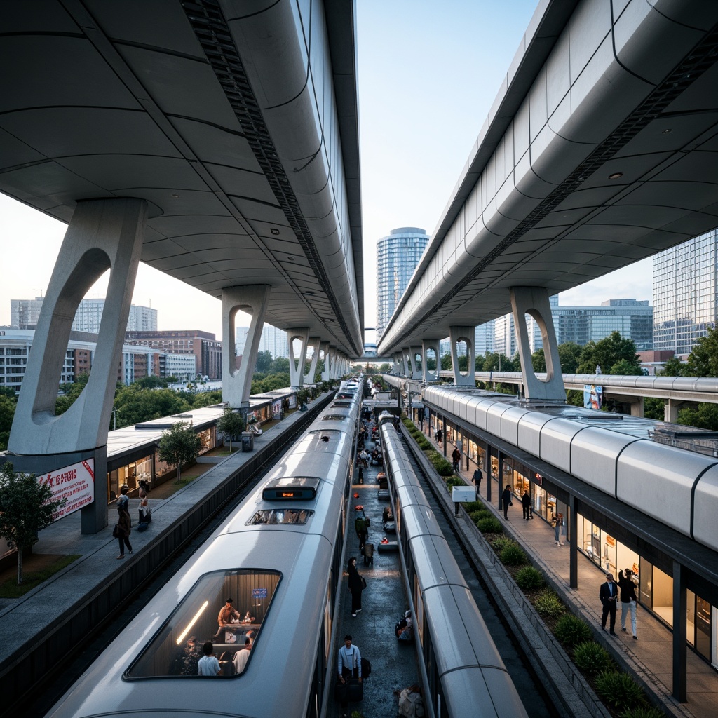 Prompt: Sleek transportation hubs, curved streamline architecture, modern metallic materials, polished chrome accents, futuristic LED lighting, dynamic fluid shapes, aerodynamic lines, high-speed rail networks, bustling urban centers, morning rush hour atmosphere, soft natural light, shallow depth of field, 1/2 composition, panoramic view, realistic reflections, ambient occlusion.