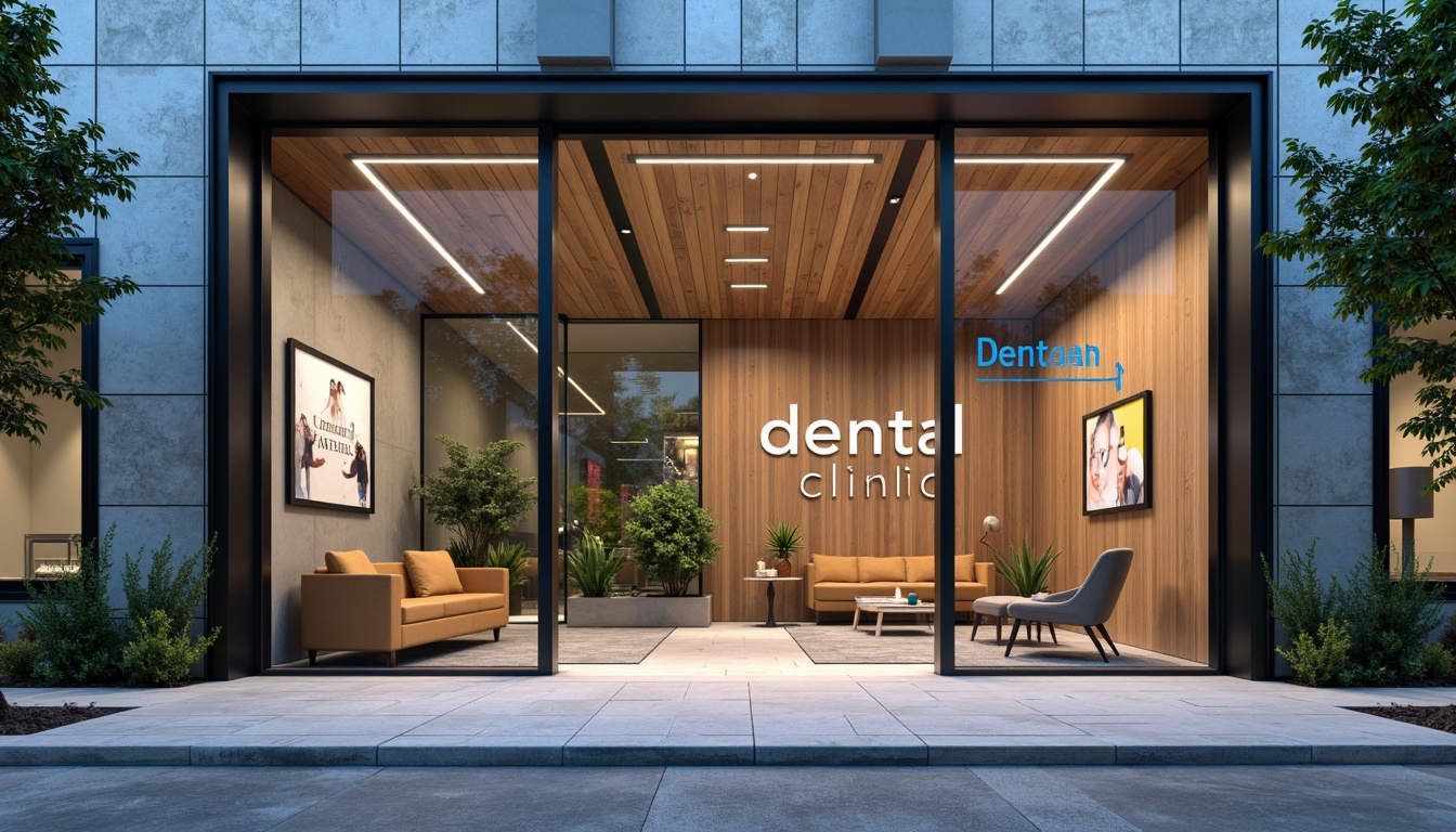 Prompt: Modern dental clinic, sleek glass facade, minimalist entrance, stainless steel frames, LED signage, calming blue accents, natural stone walls, wooden interior design, comfortable waiting area, ergonomic chairs, green plants, soft warm lighting, shallow depth of field, 3/4 composition, realistic textures, ambient occlusion, urban cityscape, morning sunlight, subtle shadows.