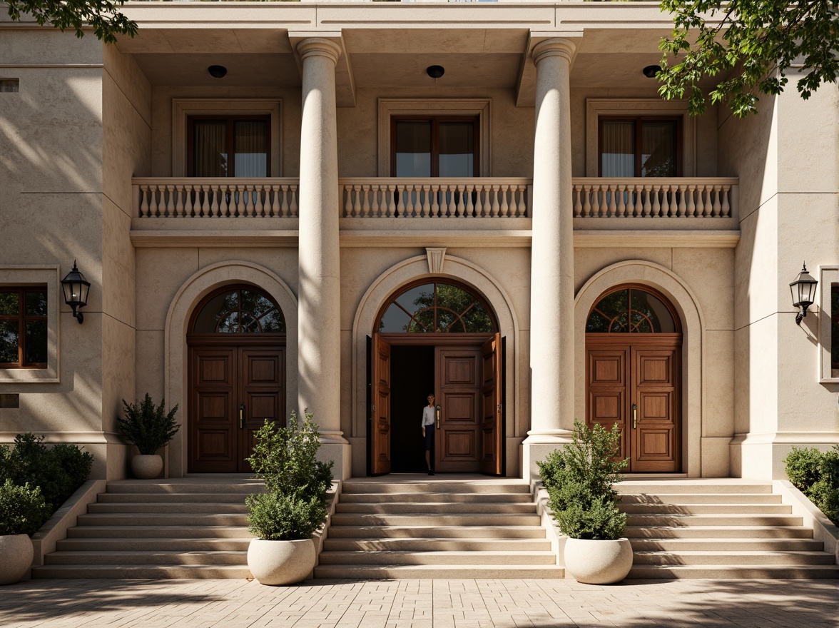 Prompt: Grand courthouse entrance, imposing stone columns, ornate metal doors, intricate carvings, symmetrical facade, classical architectural elements, subtle arches, dignified clock tower, weathered stone walls, majestic staircases, ornamental balconies, historic significance, solemn atmosphere, natural light pouring in, warm beige tones, soft shadows, shallow depth of field, 2/3 composition, realistic textures, ambient occlusion.