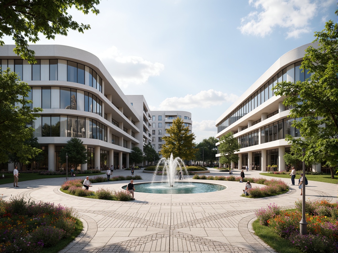 Prompt: Modern courthouse building, sleek international style architecture, grand entrance plaza, water feature fountains, lush greenery, vibrant flower beds, geometric patterned paving, ornamental lamp posts, pedestrian walkways, mature trees, sunny day, soft warm lighting, shallow depth of field, 3/4 composition, panoramic view, realistic textures, ambient occlusion.