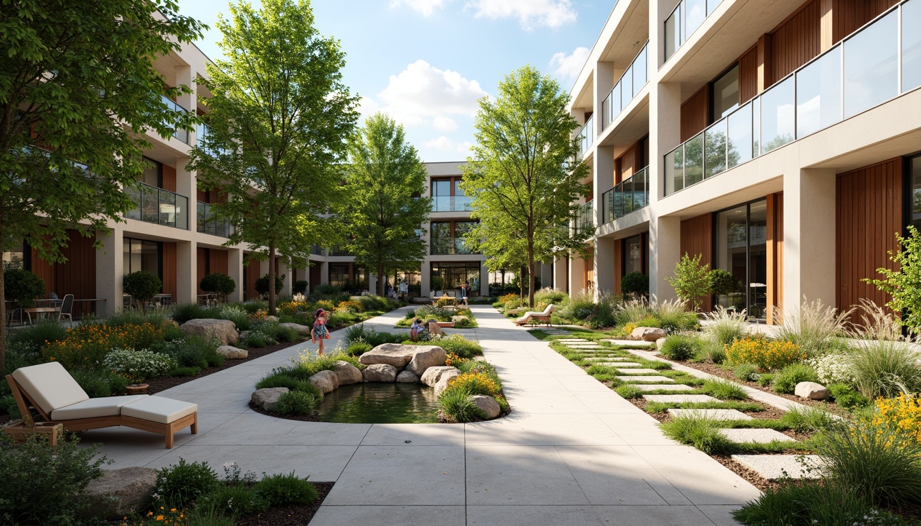 Prompt: Soothing hospital courtyard, lush green roofs, calming water features, natural stone pathways, serene seating areas, vibrant flower beds, therapeutic gardens, accessible walking trails, wheelchair-friendly ramps, modern healthcare architecture, large windows, abundant natural light, warm wood accents, comfortable waiting areas, peaceful ambiance, shallow depth of field, 1/1 composition, realistic textures, ambient occlusion.