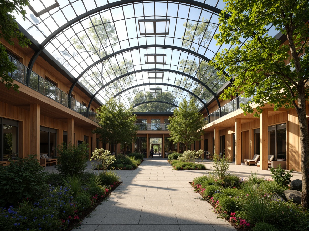 Prompt: Atrium building, curved lines, transparent glass roof, natural light pouring in, lush greenery, vibrant flowers, wooden accents, minimalist decor, open floor plan, clerestory windows, skylights, solar tubes, reflective surfaces, ambient lighting, warm color palette, soft shadows, shallow depth of field, 1/1 composition, panoramic view, realistic textures, subtle reflections.