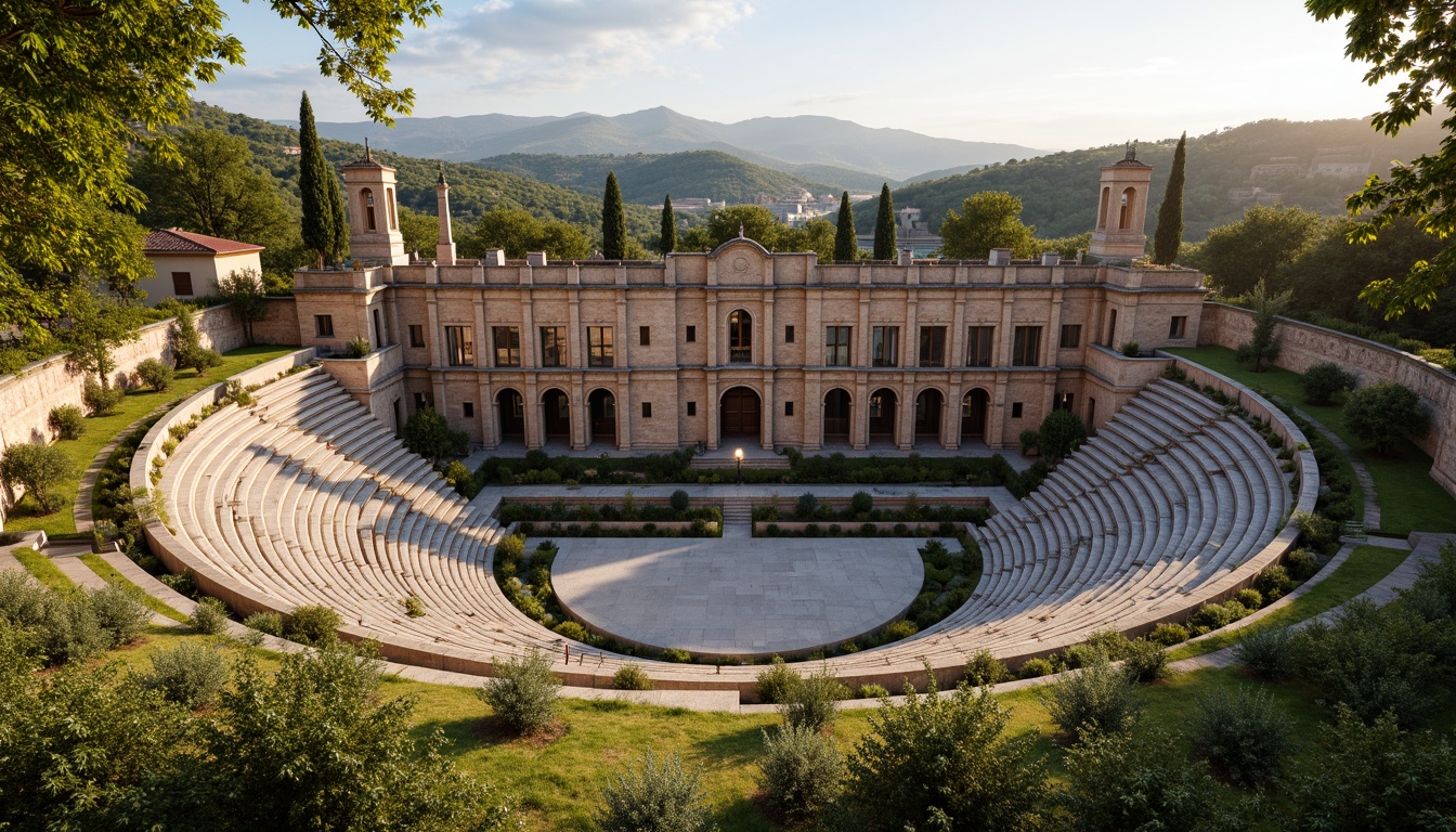 Prompt: Ancient Romanesque amphitheater, lush greenery, natural stone seating, ornate arches, grandiose columns, rustic brick facades, Mediterranean landscape, rolling hills, olive groves, cypress trees, sunny afternoon, warm golden lighting, shallow depth of field, 3/4 composition, panoramic view, realistic textures, ambient occlusion, integrated water features, naturalistic plantings, meandering pathways, scenic overlooks, historic preservation, cultural heritage, rustic charm.