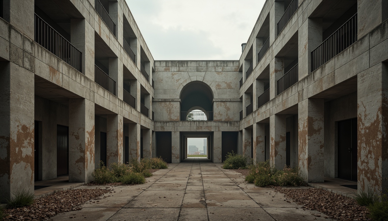 Prompt: Monolithic brutalist structure, raw concrete textures, industrial metal accents, weathered stone walls, muted earth tones, desaturated grays, warm beige, rugged brown, deep charcoal, subtle rust hues, dramatic shadows, low-key lighting, atmospheric fog, cinematic mood, 1-point perspective, symmetrical composition, high-contrast colors, gritty realism.