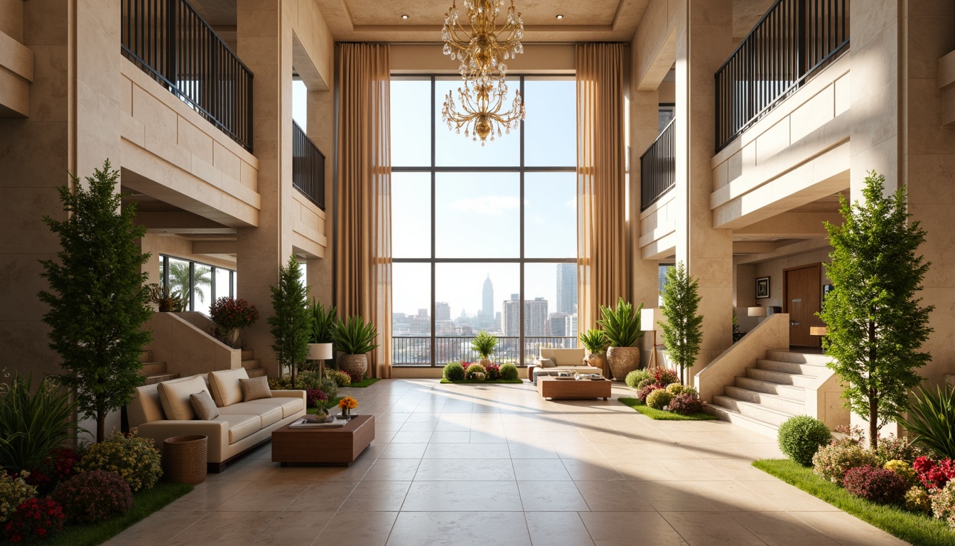 Prompt: Spacious hotel lobby, high ceilings, grand staircase, marble floors, luxurious chandeliers, floor-to-ceiling windows, sliding glass doors, panoramic city views, natural stone walls, minimalist decor, warm beige tones, soft cream accents, abundant greenery, lush plants, vibrant flowers, indirect sunlight, warm ambient lighting, shallow depth of field, 1/1 composition, realistic textures, subtle reflections.