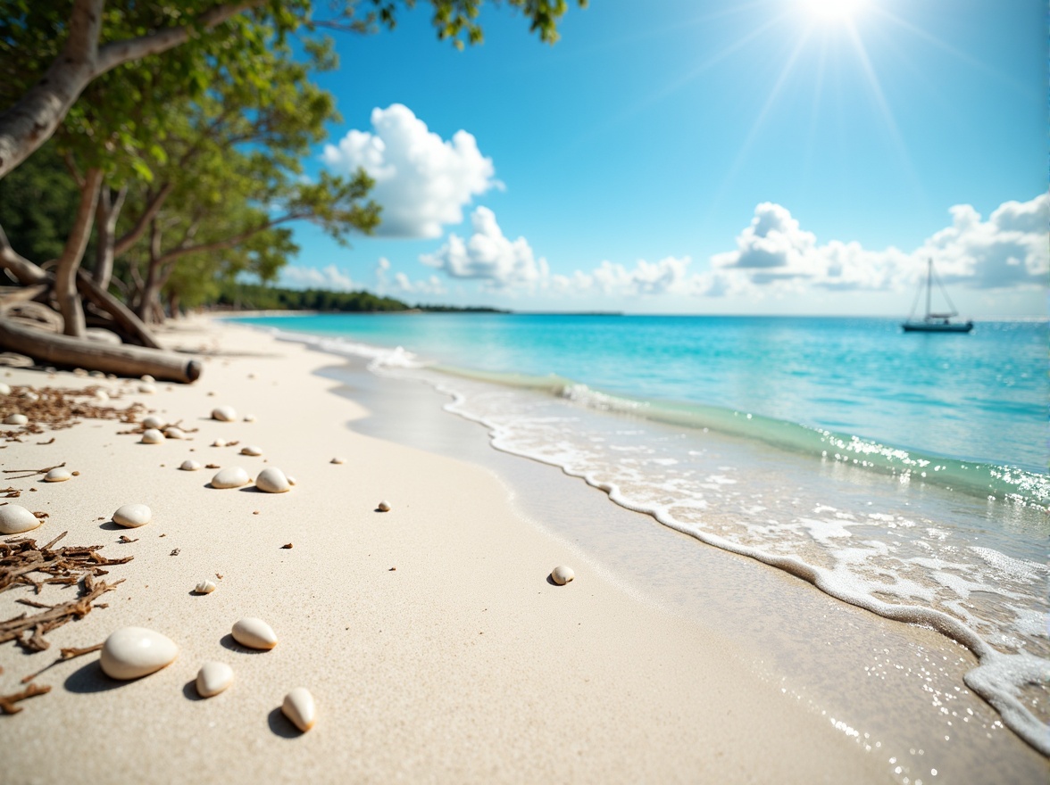 Prompt: Serene beach scenery, soft sandy dunes, clear turquoise water, coral reefs, seashells, driftwood, ocean spray, warm sunny day, gentle sea breeze, calming atmosphere, pastel color palette, soothing blues and whites, natural textures, weathered wood accents, nautical ropes, sailboat masts, beachy vibes, shallow depth of field, 1/2 composition, realistic lighting, ambient occlusion.