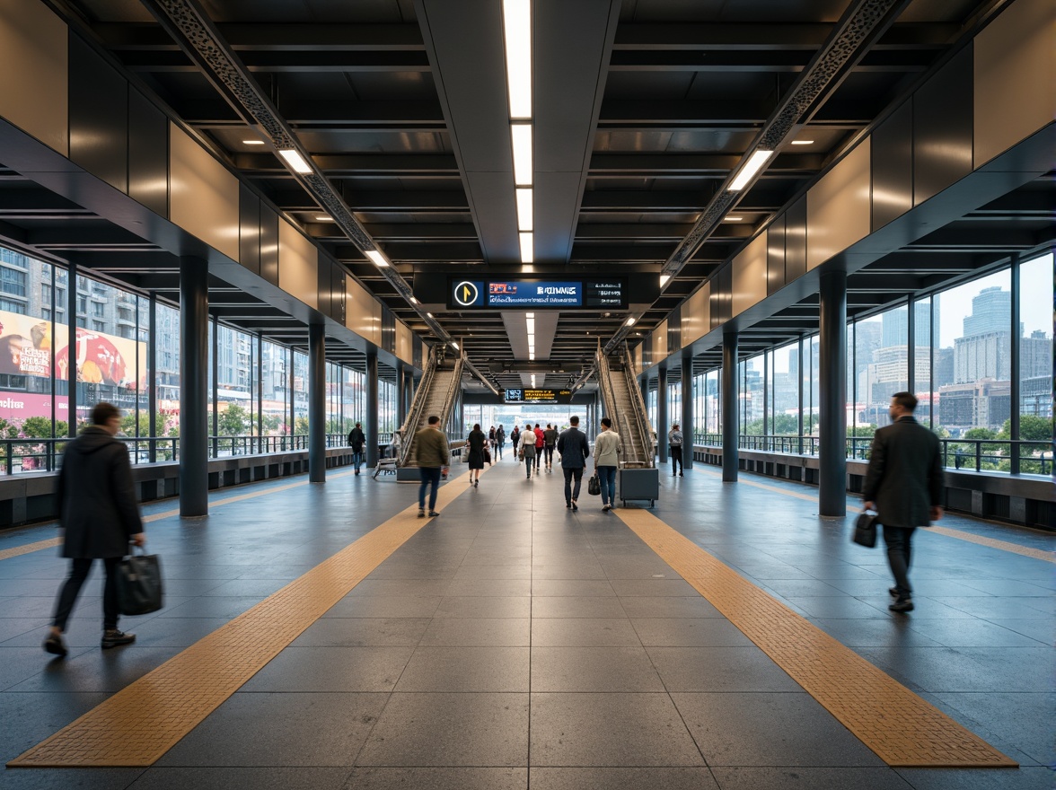 Prompt: Modern metro station interior, sleek lines, minimalist design, efficient layout, high-traffic flow, stainless steel handrails, LED signage, comfortable seating areas, ample natural light, airy atmosphere, subtle color schemes, durable flooring materials, intuitive wayfinding systems, clear passenger information displays, spacious platforms, optimized circulation paths, pedestrian-friendly zones, accessibility features, state-of-the-art technology integrations, sustainable energy-efficient solutions, vibrant cityscape views, busy urban atmosphere, shallow depth of field, 2/3 composition, soft warm lighting.